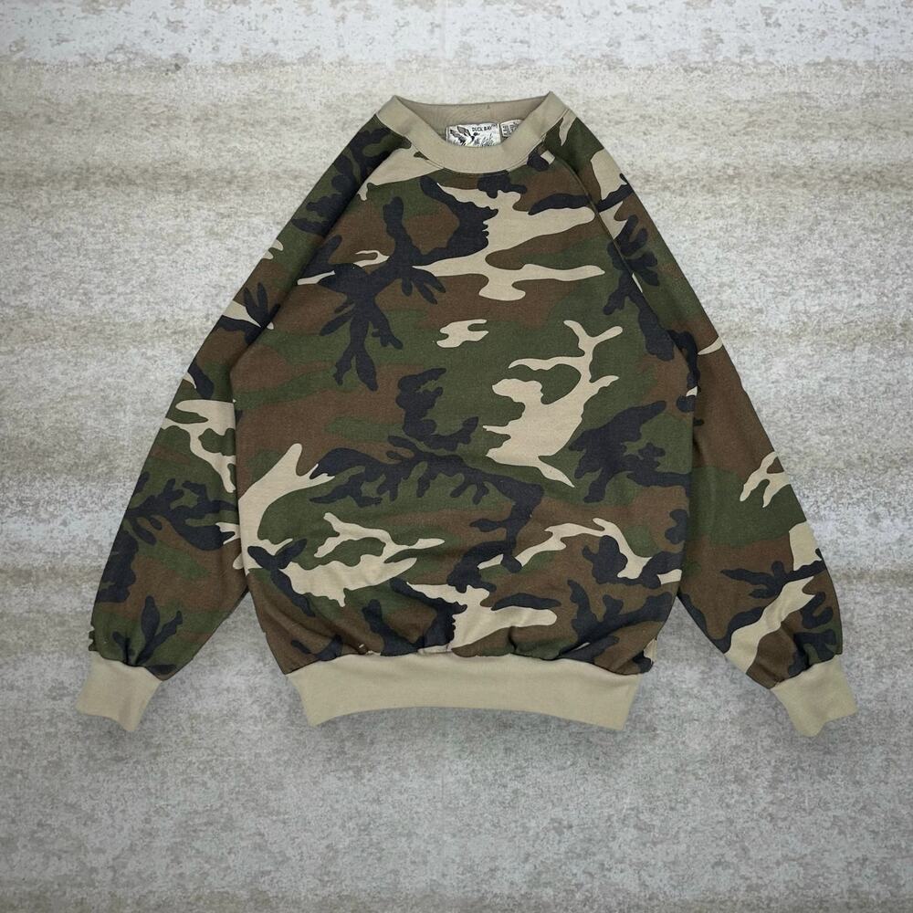 True Vintage 70s Camo Sweatshirt Mens L Woodland Pattern Duck Bay Crewneck